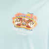 A close-up of a Ron Jon Surf Shop logo with palm trees, flowers, and the text One of a Kind, Cocoa Beach on a light blue background.