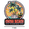 Sticker featuring two palm trees, a sunset, and the text Ron Jon Surf Shop Cocoa Beach Florida with a label indicating the size as 3 inches.