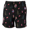 Black shorts with colorful dinosaur and pineapple patterns.