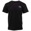 Plain black short-sleeve t-shirt featuring a small, colorful graphic logo on the upper left chest area.