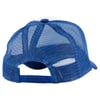 A blue mesh trucker hat with an adjustable snapback closure, shown from the back.