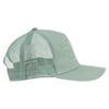 Light green mesh trucker cap with a curved brim and graphic text on the front panel, shown from the side.
