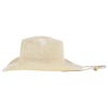 A light-colored straw cowboy hat with a chin strap and a small yellow bead, shown on a white background.