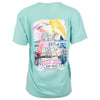 Teal t-shirt featuring a colorful beach scene on the back with a lifeguard chair, surfboard, umbrella, and Ron Jon Surf Shop Orlando text.