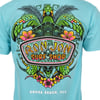 turquoise t-shirt featuring a large colorful turtle graphic with flowers and Ron Jon Surf Shop and Cocoa Beach, Fla text on the back.