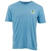 Light blue T-shirt with a small, circular green and white logo on the upper left side.