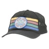 Dark green mesh-back cap with multicolored stripes. Features a circular patch with Ron Jon Surf Shop and palm trees.