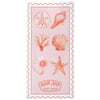 A beach towel featuring illustrations of seashells, coral, a sand dollar, and a starfish, with Ron Jon Surf Shop printed at the bottom, all in shades of pink and orange.