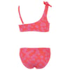 Pink and purple floral one-shoulder bikini set with a bow on the strap.