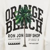 A sweatshirt with Orange Beach, a palm tree, and Ron Jon Surf Shop text, along with geographic coordinates and wave and sun graphics.