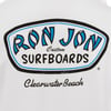 White fabric with a blue and black Ron Jon Surfboards logo and Clearwater Beach text below.
