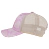 A pink and beige trucker hat with a floral pattern, mesh back panels, and a curved brim.