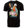 Black t-shirt featuring a colorful parrot in a sailor hat holding a Ron Jon Surf Shop sign, with palm leaves and Dark Seas text printed on the back.