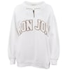 White quarter-zip sweatshirt with RON JON in large, outlined letters across the chest.