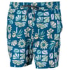 Blue swim trunks with a drawstring waist, featuring a floral and geometric pattern in shades of yellow, white, and light blue.