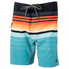 Multicolored board shorts with horizontal stripes, featuring black, orange, white, and turquoise hues. Equipped with a drawstring waistband and a side pocket.