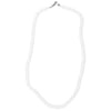 White puka bead necklace with a metal clasp, laid out in an oval shape on a plain background.