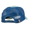 A blue mesh baseball cap shown from the back, featuring an adjustable snap closure and a small rectangular black and white label.