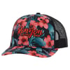 Cap with black mesh back and a floral pattern featuring pink and green colors. The front displays Ron Jon Surf Shop in red lettering.