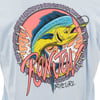 Colorful shirt design featuring a fish with a lure, surrounded by graphic patterns and the text Ron Jon and Ripcurl.