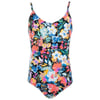 Colorful one-piece swimsuit with a floral pattern featuring various flowers in blue, pink, orange, and white on a dark background.