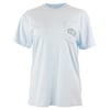 A plain light blue short-sleeve t-shirt with a chest pocket featuring a small printed logo.