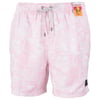 Pink swim shorts with a subtle leaf and postcard pattern, featuring a drawstring waist and a small tag on the right side.