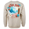 Beige sweatshirt with a graphic of a wave, hibiscus flowers, and a surfboard. Text reads ‚ÄúRon Jon Surf Shop, Cocoa Beach, FL.‚Äù.
