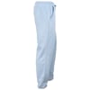Light blue sweatpants shown from the side with an elastic waistband, drawstring, side pocket, and elastic cuffs at the ankles.