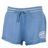 Blue drawstring shorts with white waistband stripes and a logo on the left side.