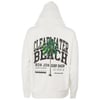 White hoodie with a palm tree graphic and the text Clearwater Beach Ron Jon Surf Shop printed on the back.