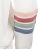 Close-up of a white sleeve with horizontal pastel stripes in pink, red, green, and blue.