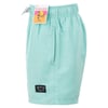 Light blue swim shorts with an elastic waistband and drawstring, featuring a tag labeled The Endless Summer and black stitched patches on the front near the hem.