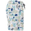 Side view of mens swim trunks with a blue, beige, and aqua sun and leaf pattern, featuring an elastic waistband, black drawstring, and a flap pocket on the back.