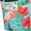 Close-up of fabric with a tropical pattern featuring pink flamingos, red hibiscus flowers, and green leaves on a light blue background.