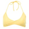 Yellow halter bikini top with a floral embossed pattern on fabric.