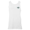 White tank top with a small graphic near the left shoulder, featuring a colorful round logo and text that reads Salty Crew and Ron Jon Surf Shop.