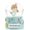 A snow globe featuring a mermaid figurine inside, with a pink and blue base decorated with starfish and seashells. The base reads Ron Jon Surf Shop.