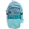 Light blue backpack with multiple compartments and RON JON SURF SHOP logo pattern printed inside. The front pocket is open, showing interior pockets and organizers.