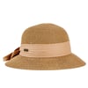 A beige woven sun hat with a wide brim and a light brown ribbon tied in a bow at the back.