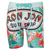 Men’s boxer briefs with a tropical print featuring pink flamingos, green leaves, red flowers, and a large “Ron Jon Surf Shop” logo on the front waistband area.