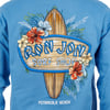 Blue sweatshirt featuring a Ron Jon Surf Shop logo with a surfboard design, surrounded by tropical flowers, and Pensacola Beach printed at the bottom.