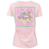 Light pink T-shirt featuring a graphic of a pink truck with surfboards, flowers, and green checkered border. Text reads Ron Jon Surf Shop.
