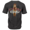 Back view of a dark grey t-shirt featuring a large graphic of a surfboard with the text Ron Jon Custom Surfboards and additional decorative lettering.