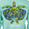Colorful turtle logo with Ron Jon Surf Shop text on a green background, above Myrtle Beach.