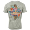 Back of a t-shirt featuring a Ron Jon Surf Shop logo with a surfboard design, surrounded by flowers, and Ocean City, MD written below.