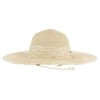 A beige straw sun hat with a wide brim and decorative band, featuring an adjustable chin strap with a wooden bead.