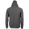 A plain, dark gray hooded sweatshirt is shown from the back, with the hood up and sleeves down.