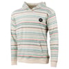 A hooded pullover with horizontal stripes in beige, blue, and peach tones, featuring a small circular logo on the chest and a front pocket.