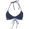 Navy blue interior view of bikini top with halter and back ties, featuring small floral accents.